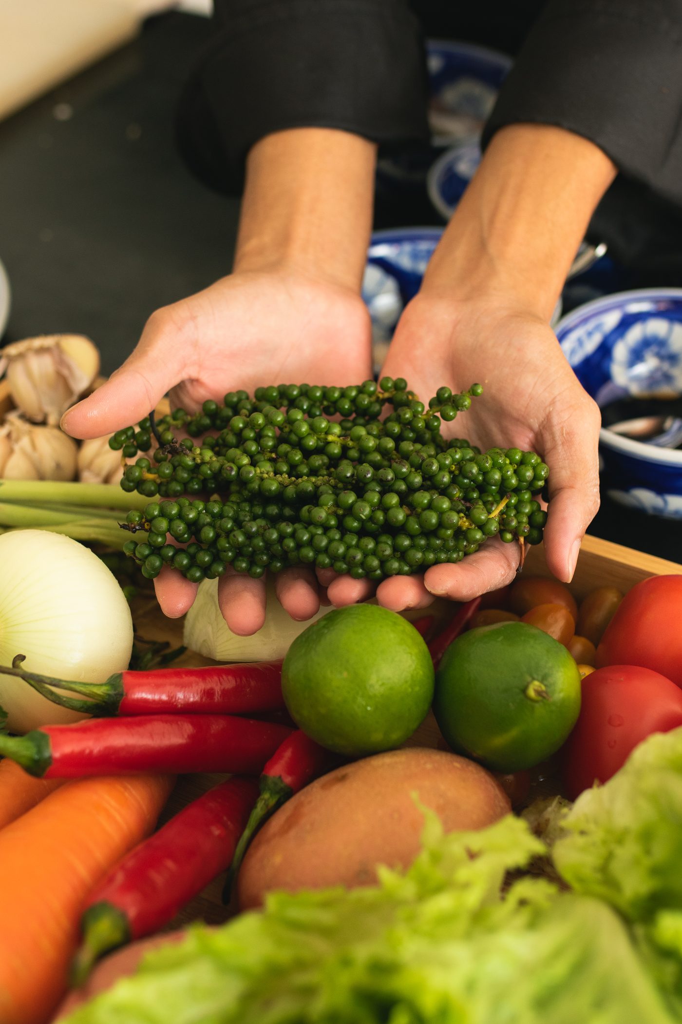 Fresh Kampot pepper and market vegetables at Khla Lodge
