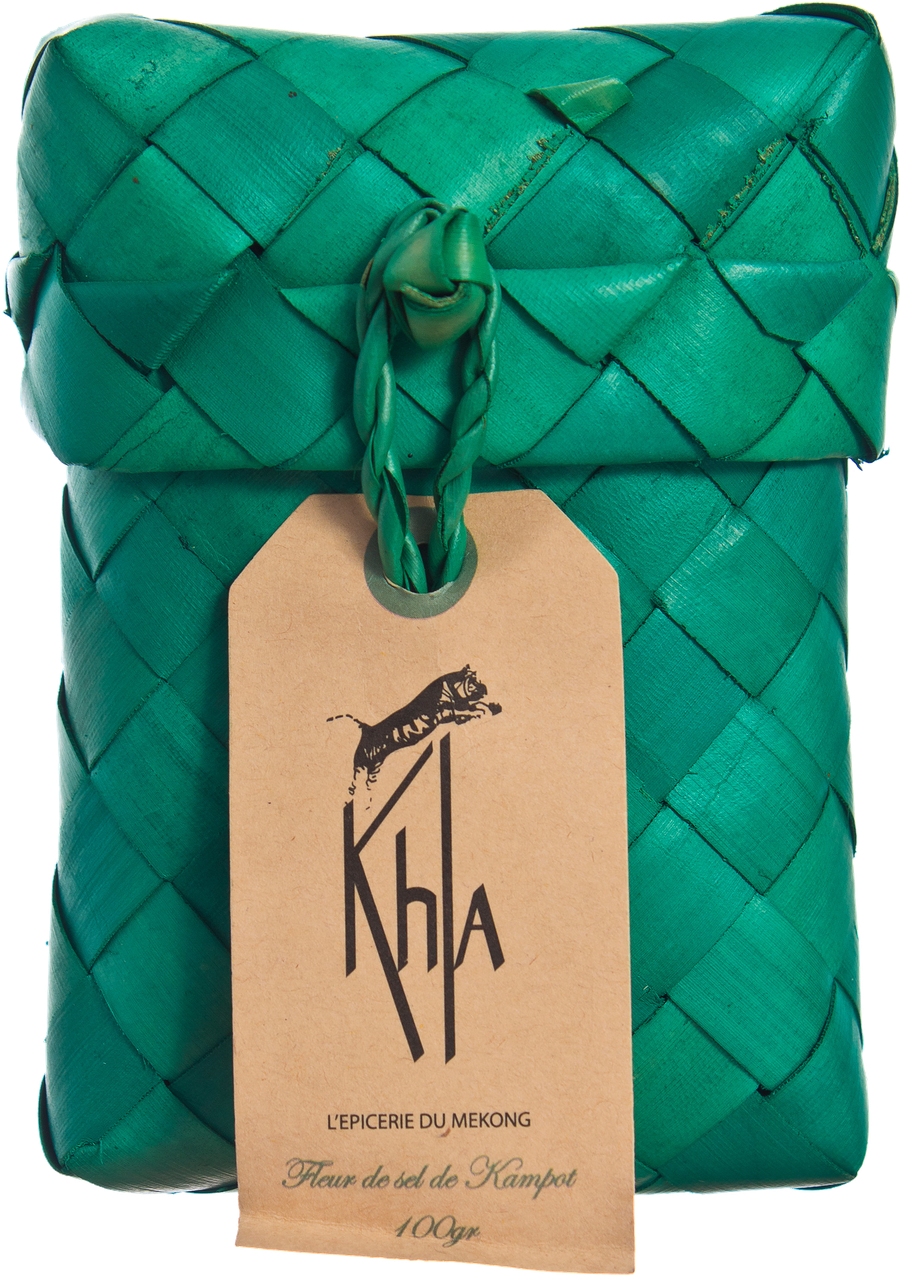 Khla Kampot fleur de sel in woven palm-leaf packaging